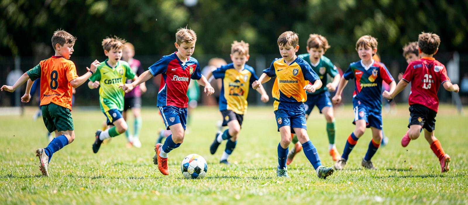 Youth soccer players competing on a grass field
